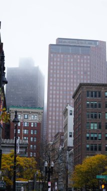 Renkli ağaçlar ve yapraklarla dolu güzel kampüs sonbahar manzarası yağmurlu bir günde