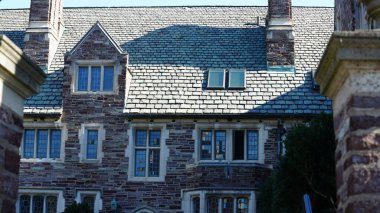 Amerika 'da eski binalar ve sonbahar yapraklarıyla güzel bir üniversite kampüs manzarası.