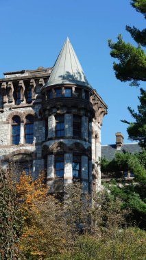 Amerika 'da eski binalar ve sonbahar yapraklarıyla güzel bir üniversite kampüs manzarası.