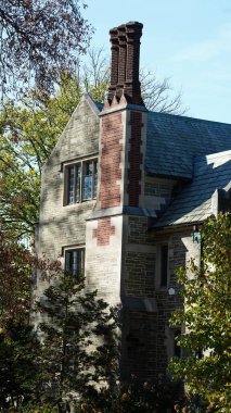 Amerika 'da eski binalar ve sonbahar yapraklarıyla güzel bir üniversite kampüs manzarası.