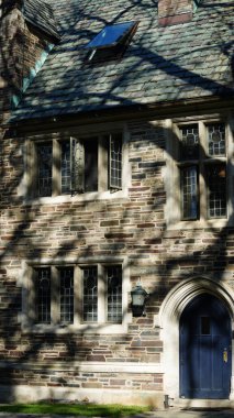 Amerika 'da eski binalar ve sonbahar yapraklarıyla güzel bir üniversite kampüs manzarası.