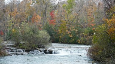 Sonbaharda akan sular ve renkli ormanlarla dolu güzel nehir manzarası.