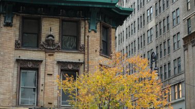 Arka planda gökdelenler ve eski binalar olan New York şehri manzarası.