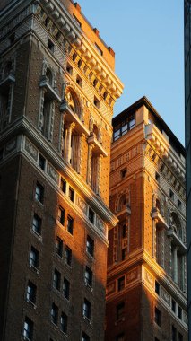 Arka planda gökdelenler ve eski binalar olan New York şehri manzarası.