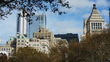 Sonbaharda arka planda renkli sonbahar ağaçları ve binaları olan güzel New York şehri manzarası