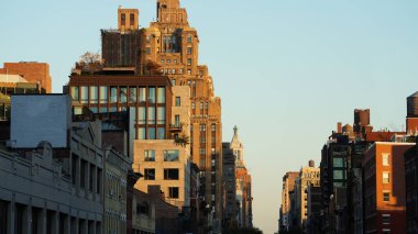 Sonbaharda arka planda renkli sonbahar ağaçları ve binaları olan güzel New York şehri manzarası