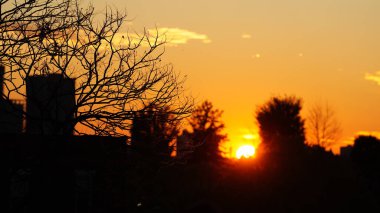 Gün batımı manzarası, şehirde siluet ve sarı gökyüzü.
