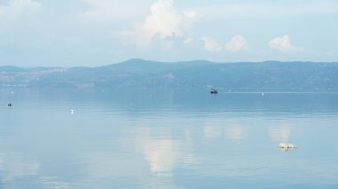 Yazın sisli havası olan güzel göl manzaraları