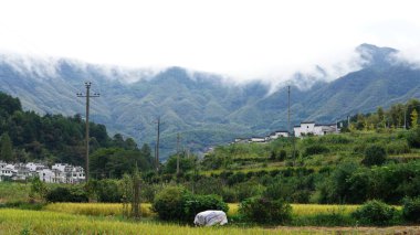 Yeşil ormanlı güzel dağlar ve yağmurlu günlerde arka planda kalan küçük köyler.