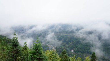 Yeşil ormanı olan güzel dağlar ve Çin kırsalının arka planında küçük bir köy.
