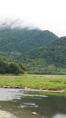 Yağmurlu bir günden sonra kırsal alanda küçük bir şelale manzarası