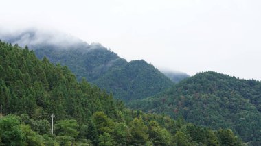 Yeşil ormanı olan güzel dağlar ve Çin kırsalının arka planında küçük bir köy.