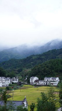Yeşil ormanı olan güzel dağlar ve Çin kırsalının arka planında küçük bir köy.