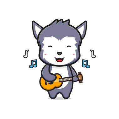 Cute wolf playing guitar mascot character cartoon icon illustration. Design isolated flat cartoon style
