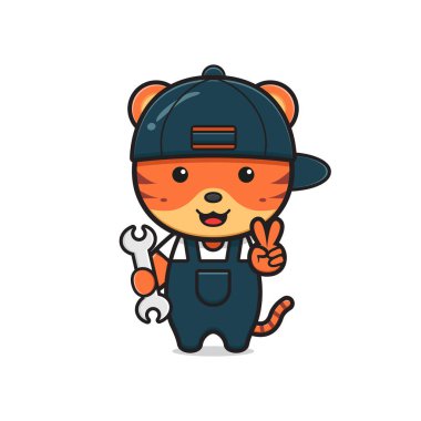 Cute tiger mechanic engineer mascot character cartoon icon illustration. Design isolated flat cartoon style