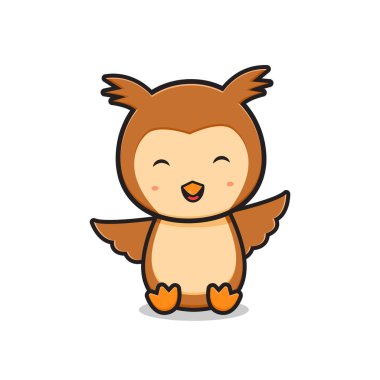 Şirin baykuş maskotu karakter çizgi film ikonu çizimi. İzole edilmiş düz çizgi film biçimi tasarla