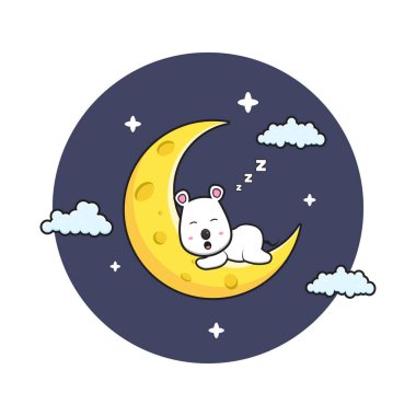 Cute mouse sleep on cheese moon cartoon vector icon illustration. Design isolated flat cartoon style.