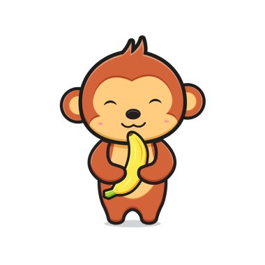 Cute monkey holding banana cartoon icon illustration. design isolated flat cartoon style