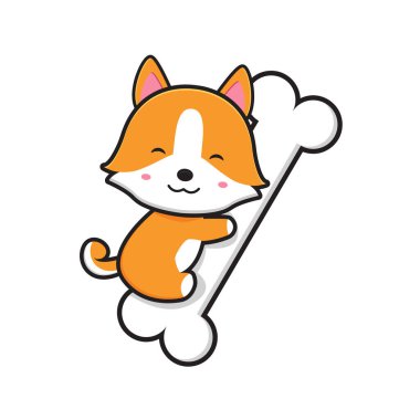 Cute corgi dog hug on bone cartoon icon illustration. Design isolated flat cartoon style
