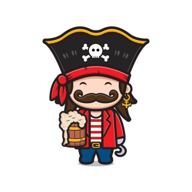 Cute captain pirates holding beer cartoon icon illustration. Design isolated flat cartoon style