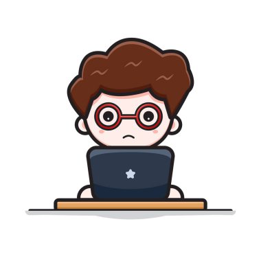 Cute successful businessman working with laptop cartoon vector icon illustration. Design isolated on white. Flat cartoon style.