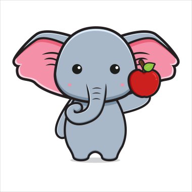 Elma karakteri çizgi film ikonu çizimi tutan şirin bir fil. İzole edilmiş düz çizgi film biçimi tasarla