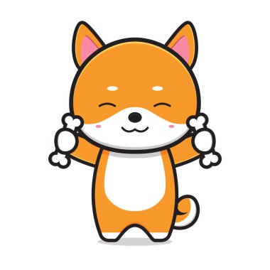 Şirin Shiba, elinde kemik karakteri çizgi film ikonu çizimi tutuyor. İzole edilmiş düz çizgi film biçimi tasarla