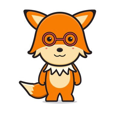 Gözlük takan sevimli tilki çizgi film karakteri ikonu çizimi. İzole edilmiş düz çizgi film biçimi tasarla