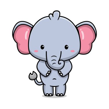 Sevimli mutlu fil karakteri çizgi film ikonu çizimi. İzole edilmiş düz çizgi film biçimi tasarla