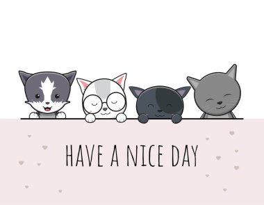 Cute cat have a nice day greeting cartoon doodle card icon illustration flat cartoon style banner