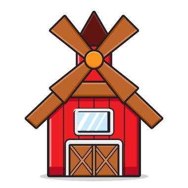 Yel değirmeni resimli renkli kırmızı ahır. İzole edilmiş düz çizgi film biçimi tasarla