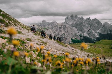 Bu büyüleyici görüntü, Dolomitlerle Cadini di Misurina 'ya doğru giden bir grup yürüyüşçüyü yakalıyor. Yol, ön planda canlı kır çiçekleriyle süslenmiş.