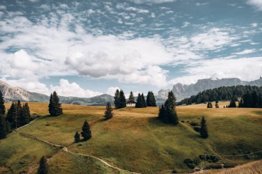İtalya, Dolomitler 'de bulunan Alpe di Siusi' nin nefes kesici manzarası. Görüntü yemyeşil çayırları yakalıyor, Dolomitlerin görkemli zirvelerine giden tuhaf dağ kulübeleriyle benekli.