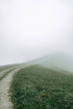 Taşlı bir yol sisli kırsal bölgede, kırsal bir çitle yol gösteriyor. Yoğun sis ufku gizler, sakin ve atmosferik bir manzara yaratır. Huzurlu bir sabah için mükemmel.