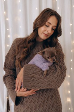 Sıcak ışıklar ve beyaz perdelerle dolu yumuşak bir arka planı olan, mor bir süveter giymiş, Chihuahua köpeğini tutan bir kadının hassas anı..