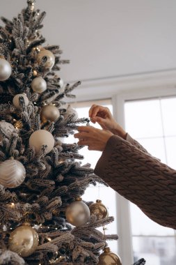 A close-up of a hand in a cozy knitted sweater placing a white ornament on a frosted Christmas tree with golden decorations, creating a festive and elegant atmosphere. clipart