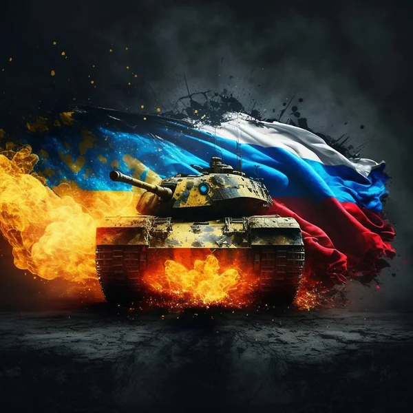 War Ukraine Illustration Burning Tank Background Russian Flag Image Illustrations ロイヤリティフリーのストック画像