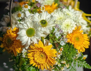 Güzel bir buket gerbera ve yabani çiçekler. Çiçekler..