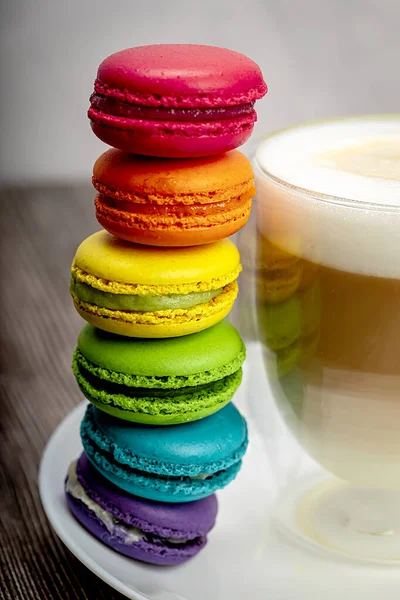 Multi Colored Macaroons Transparent Mug Cappuccino Close Concept Freedom Love — Stock Photo, Image