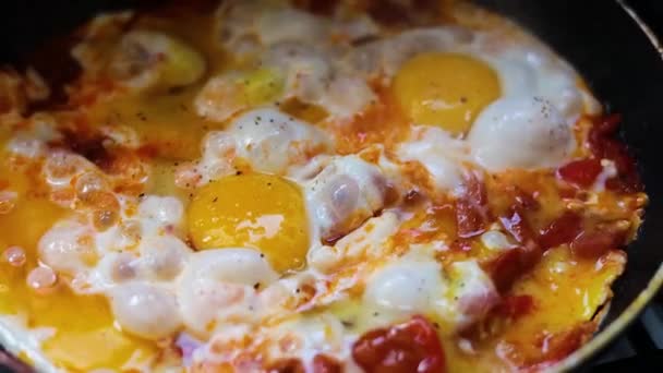 Fry Eggs Vegetables Frying Pan Close Shakshuka Cooking Healthy Fresh — Stock Video