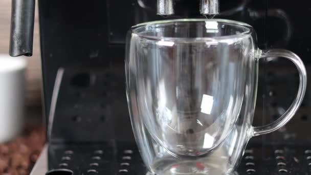 Modern Coffee Machine Pours Delicious Coffee Transparent Cup Standing Metal Video Clip