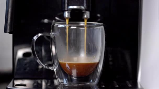 Uma Máquina Café Moderna Derrama Delicioso Café Uma Xícara Transparente — Vídeo de Stock