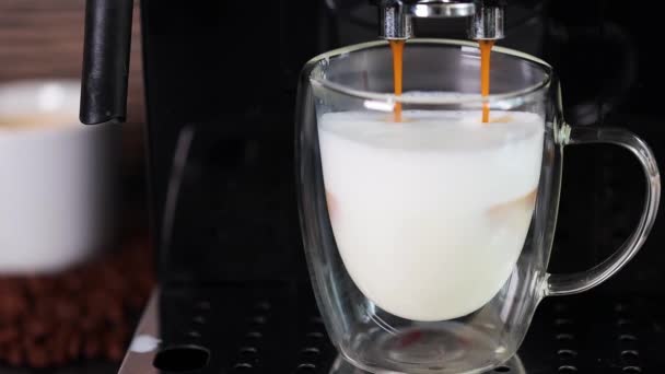 Nahaufnahme Von Kaffee Der Eine Glasschale Mit Milch Gegossen Wird — Stockvideo