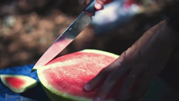 Man Cuts Red Juicy Ripe Watermelon Slices Knife Picnic Slow — Stock Video