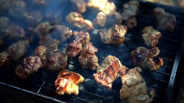 Dönerspieße Werden Freien Auf Dem Grill Zubereitet Gebratenes Saftiges Schweinefleisch — Stockvideo