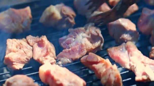 Kebab Tillagas Grill Utomhus Närbild Rostat Saftigt Fläsk Grillas Närbild — Stockvideo