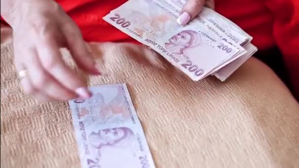 妇女手牵手和计数土耳其里拉钞票的特写 — 图库视频影像