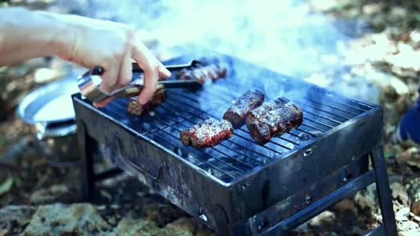 Grilled Sausages Roasting Outdoor Barbecue Grill Dishes Cooked Charcoal Grill — Stock Video