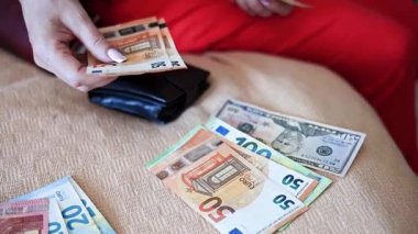 Avro banknotlarını tutan ve sayan kadınların yakın çekimi. Para.