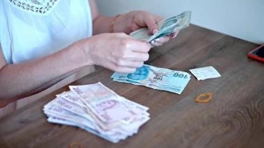 100 lira banknot tutan ve sayan bir kadının yakın çekimi. Para.